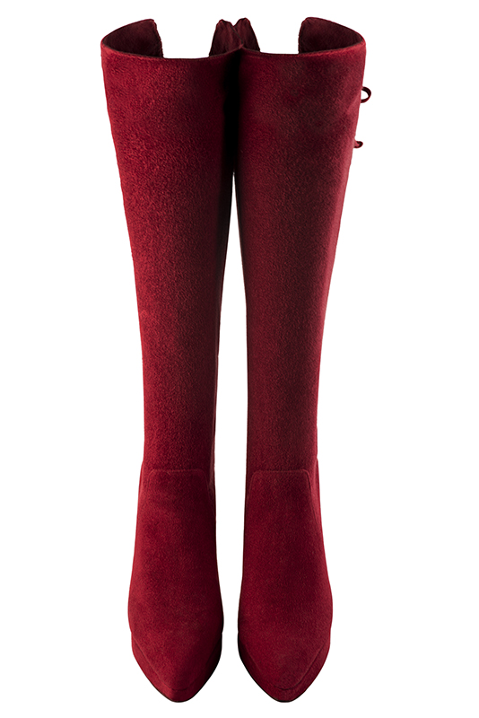 Burgundy red women's knee-high boots, with laces at the back. Tapered toe. Very high slim heel with a platform at the front. Made to measure. Top view - Florence KOOIJMAN